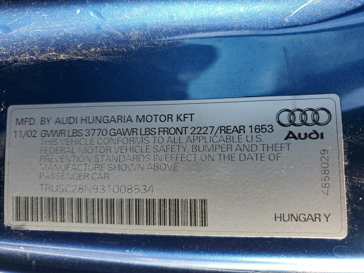 TRUSC28N931008534 2003 Audi Tt