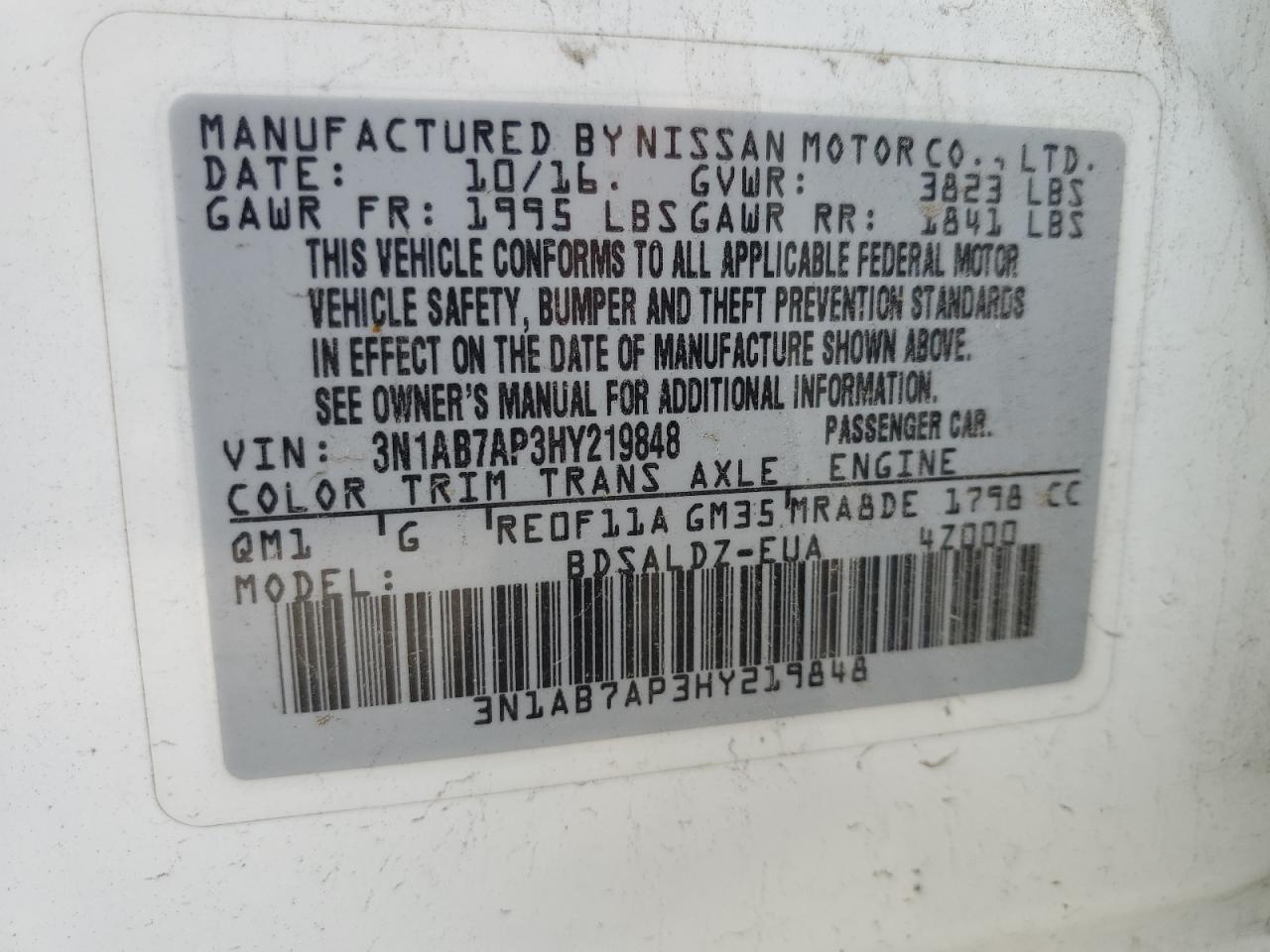 3N1AB7AP3HY219848 2017 Nissan Sentra S