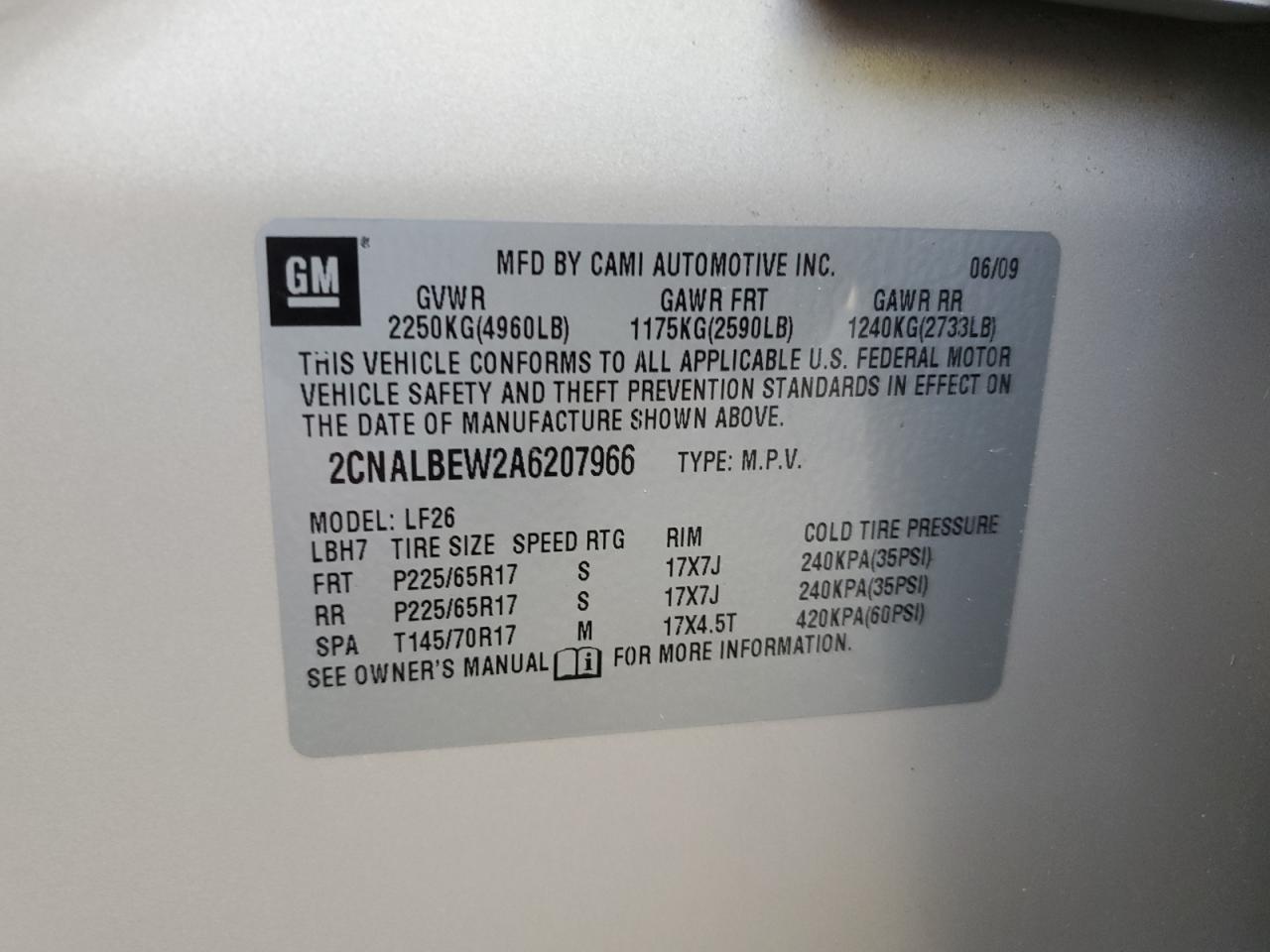 2CNALBEW2A6207966 2010 Chevrolet Equinox Ls