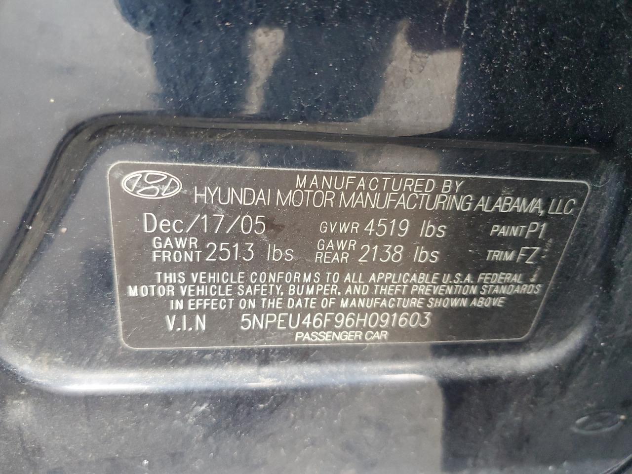 5NPEU46F96H091603 2006 Hyundai Sonata Gls