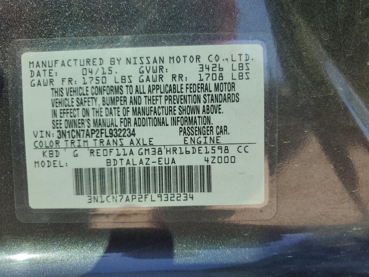 3N1CN7AP2FL932234 2015 Nissan Versa S