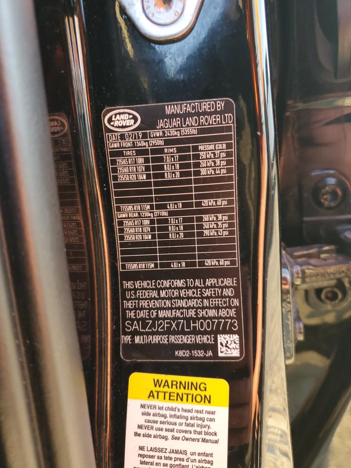 2020 Land Rover Range Rover Evoque S VIN: SALZJ2FX7LH007773 Lot: 70439934