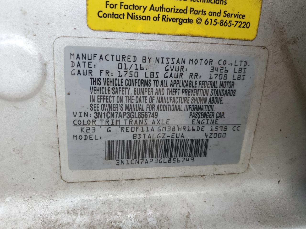 3N1CN7AP3GL856749 NISSAN VERSA 2016