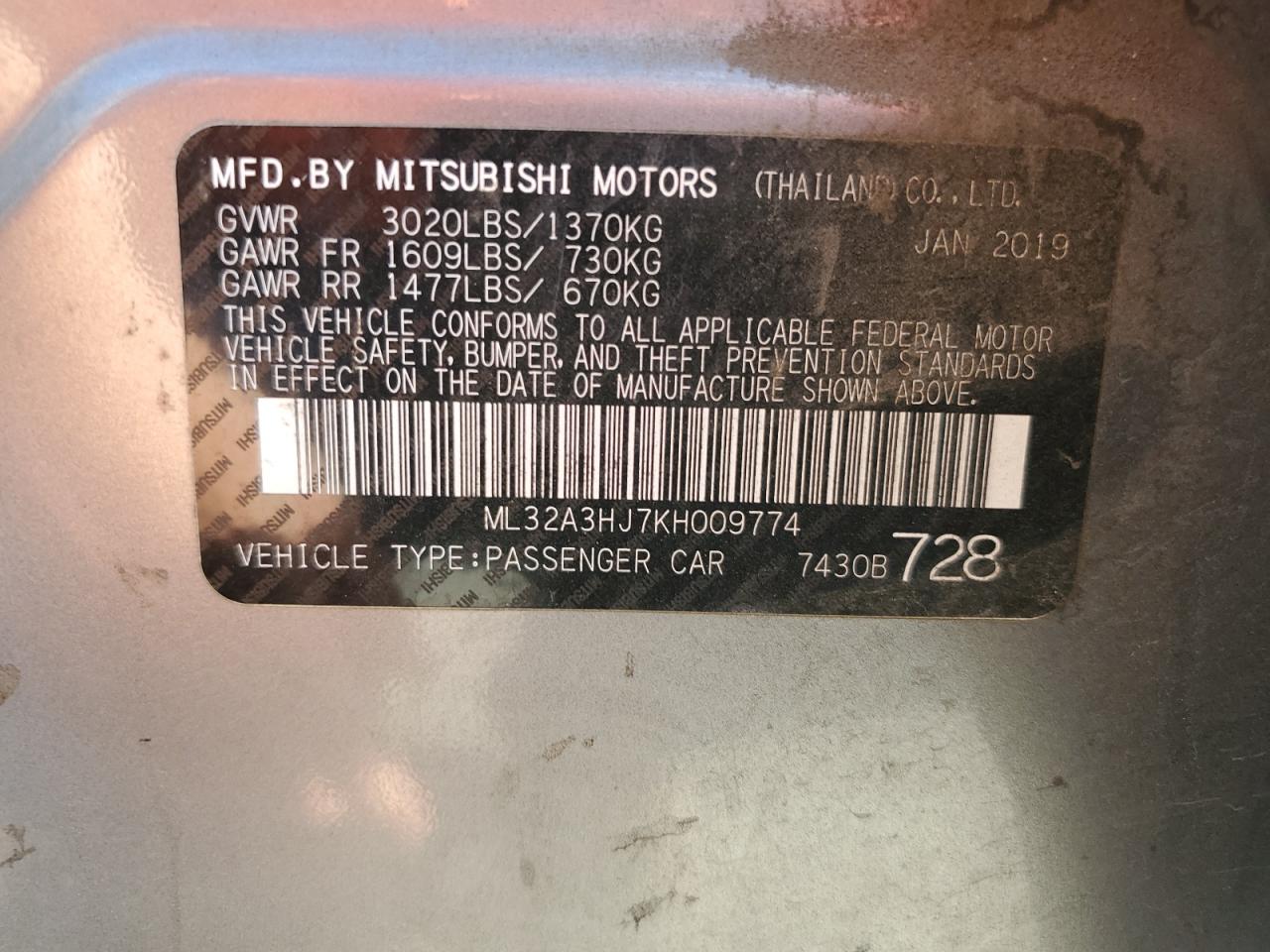 ML32A3HJ7KH009774 2019 Mitsubishi Mirage Es