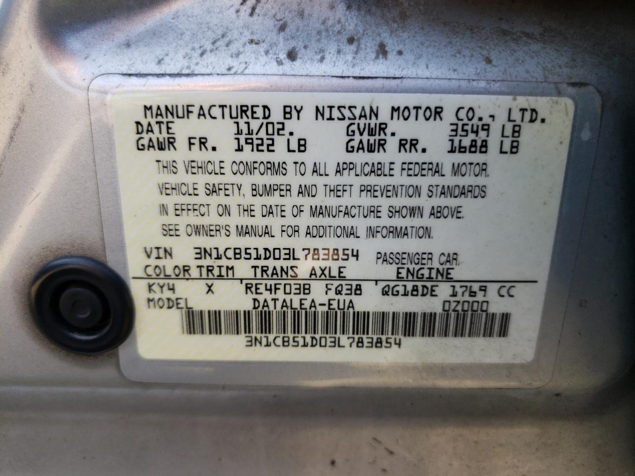 2003 Nissan Sentra Xe VIN: 3N1CB51D03L783854 Lot: 66787604