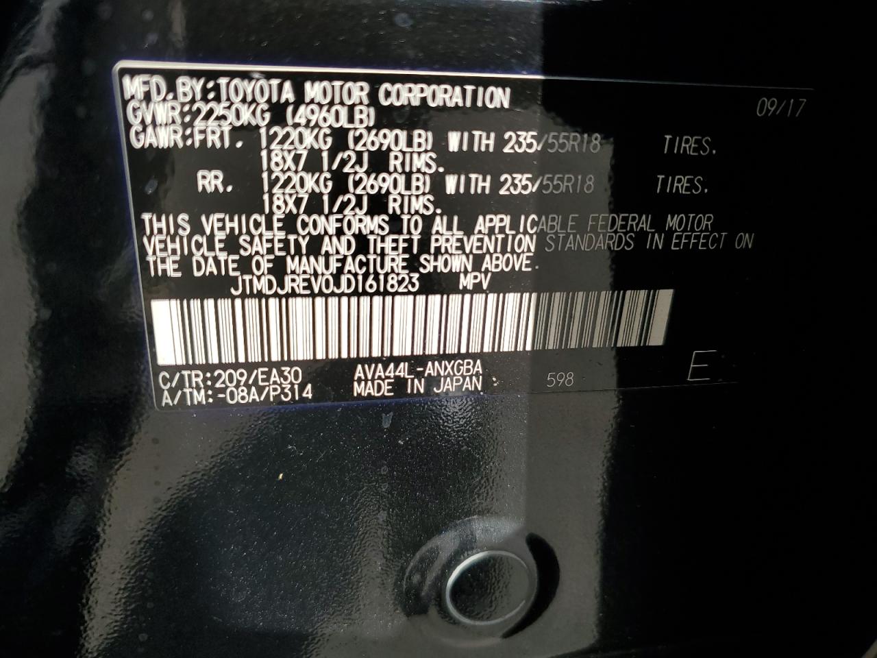 JTMDJREV0JD161823 TOYOTA RAV4 2018