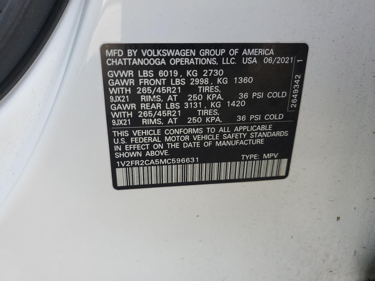 2021 Volkswagen Atlas Sel Premium R-Line VIN: 1V2FR2CA5MC596631 Lot: 71283944