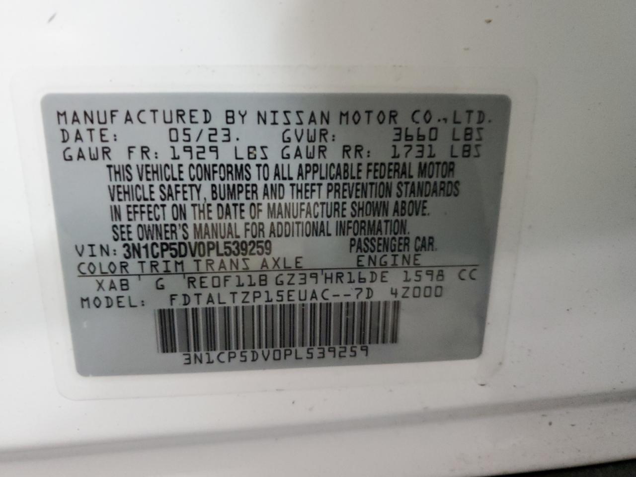 3N1CP5DV0PL539259 2023 Nissan Kicks Sr