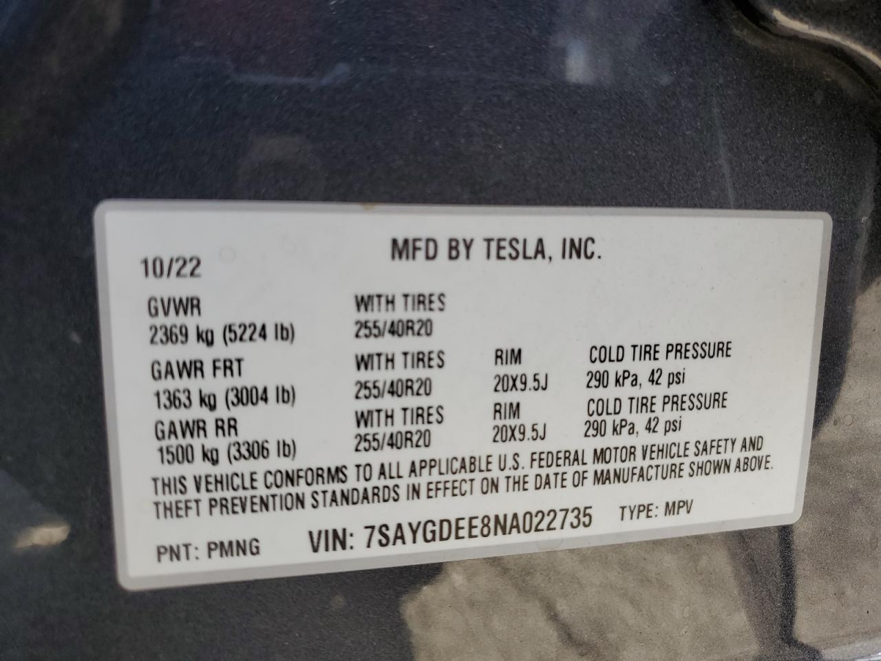 7SAYGDEE8NA022735 2022 Tesla Model Y