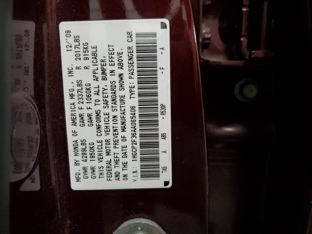 1HGCP2F36AA065406 2010 Honda Accord Lx