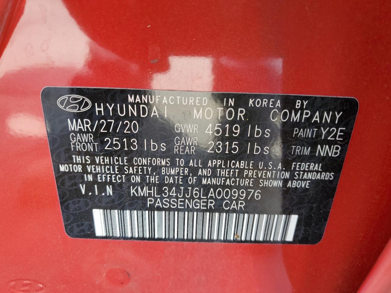 2020 Hyundai Sonata Hybrid VIN: KMHL34JJ6LA009976 Lot: 71633664