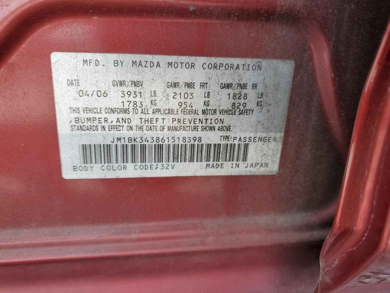 JM1BK343861518398 2006 Mazda 3 Hatchback