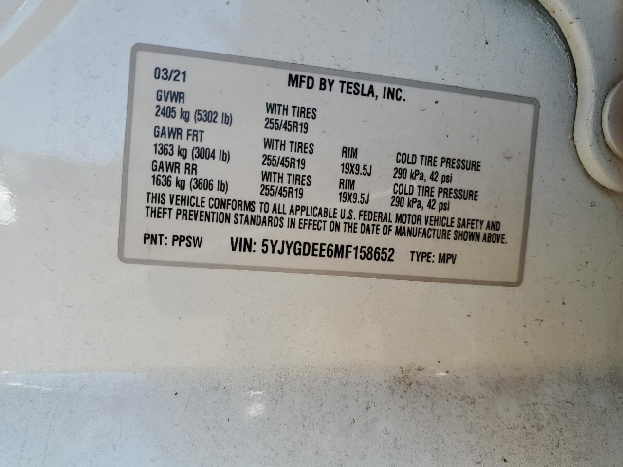 5YJYGDEE6MF158652 2021 Tesla Model Y