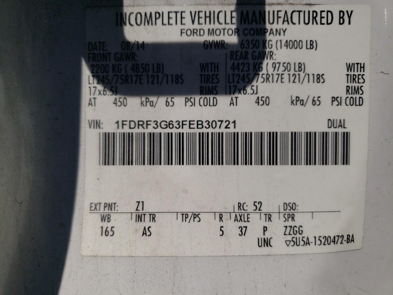 2015 Ford F350 Super Duty VIN: 1FDRF3G63FEB30721 Lot: 73020164