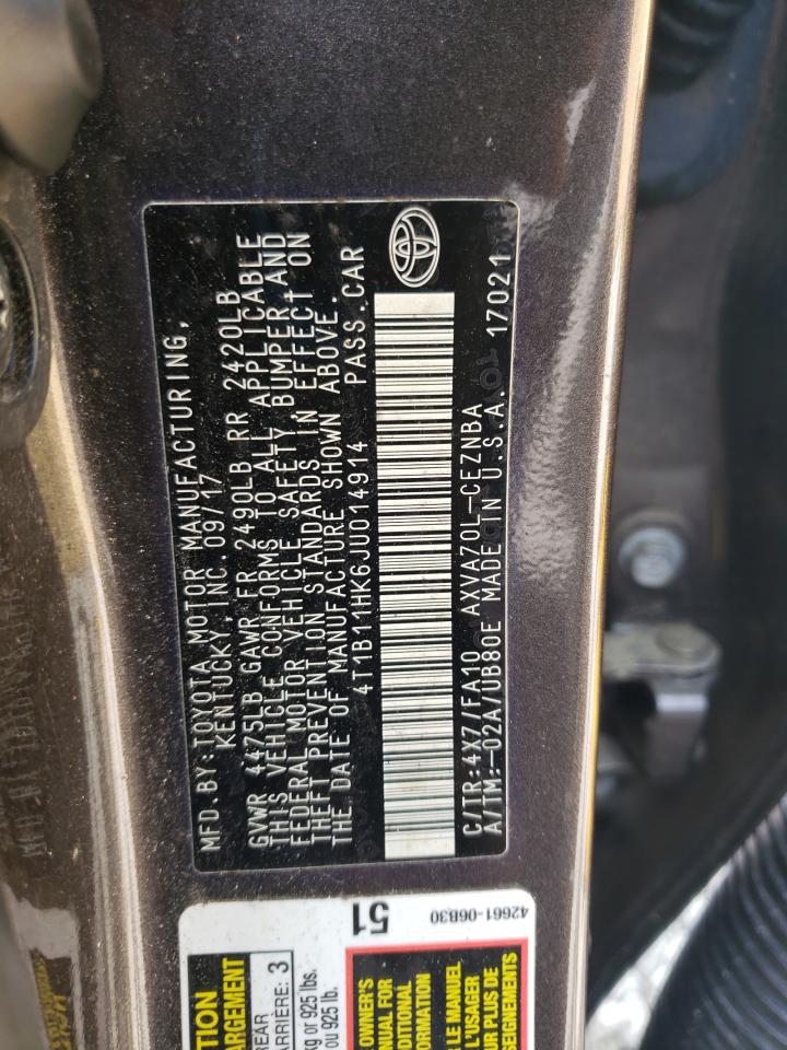 4T1B11HK6JU014914 2018 Toyota Camry L