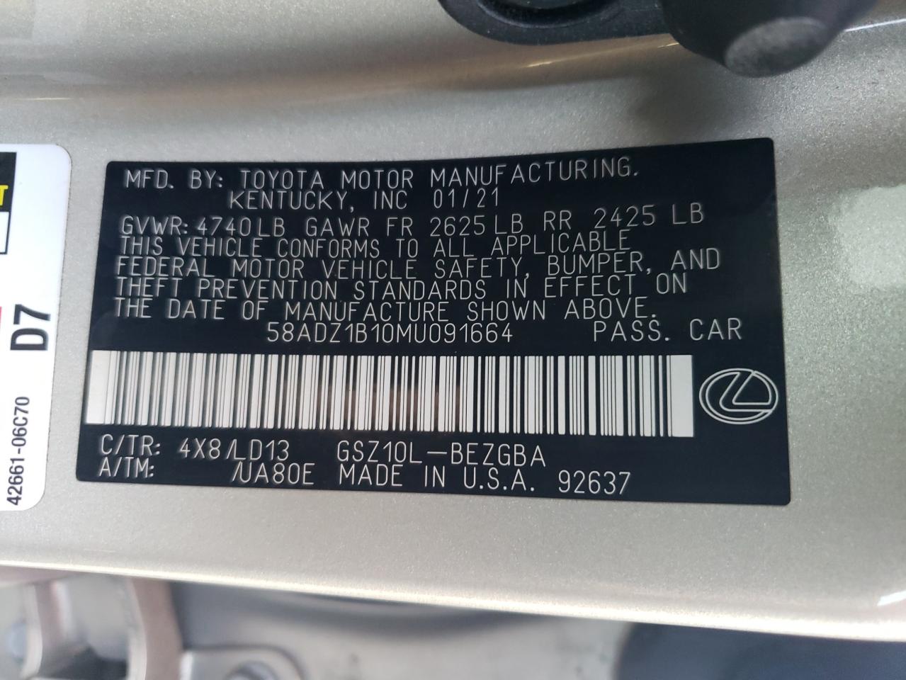 58ADZ1B10MU091664 2021 Lexus Es 350 Base