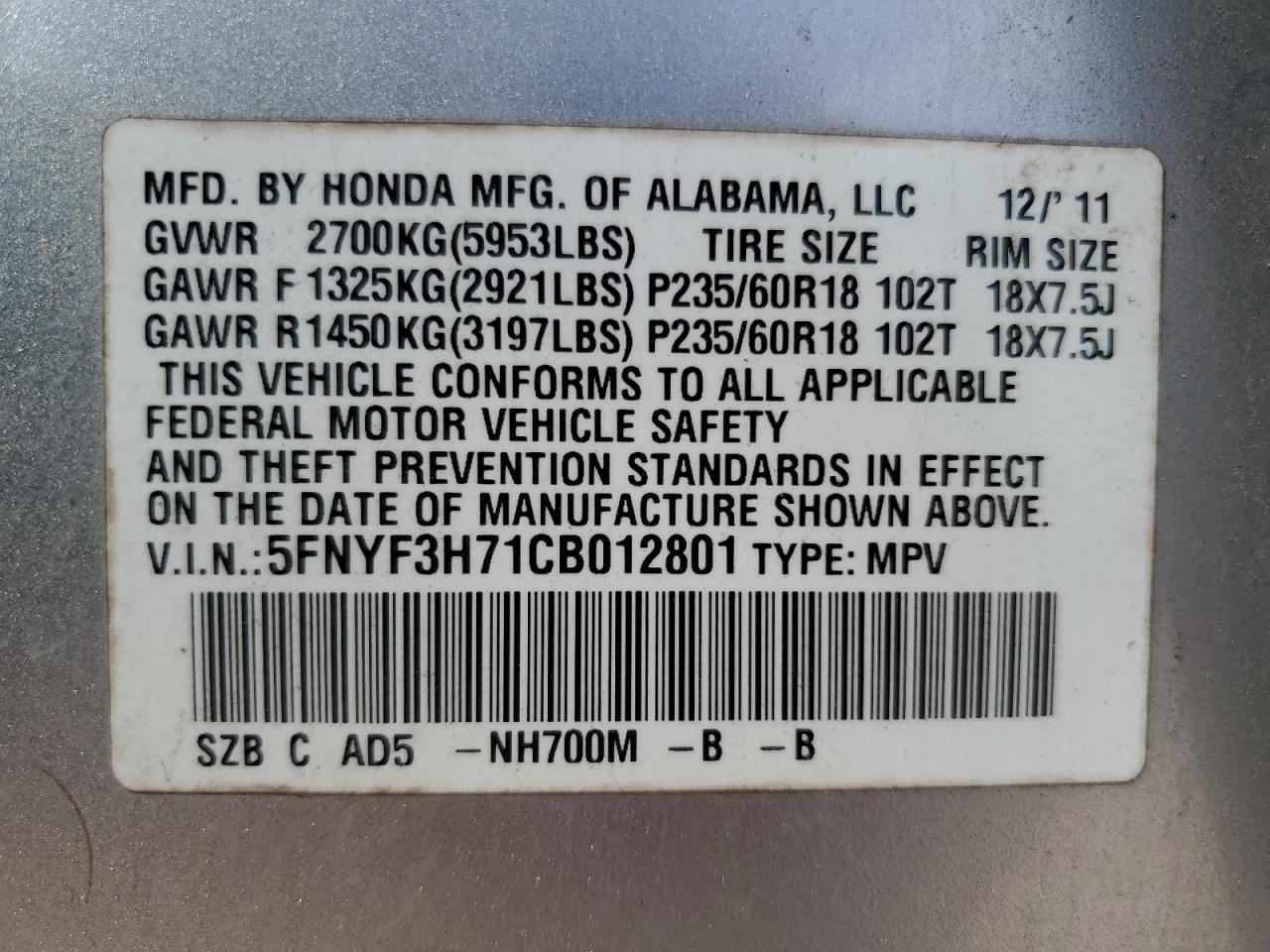 5FNYF3H71CB012801 2012 Honda Pilot Exln