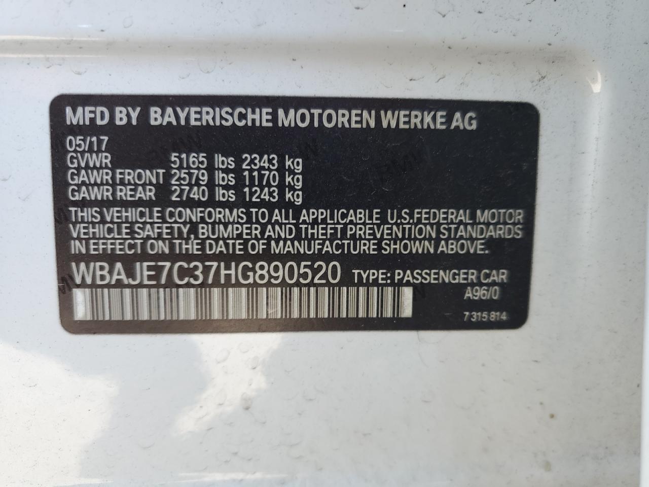 WBAJE7C37HG890520 2017 BMW 540 Xi