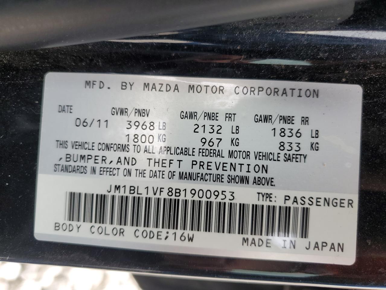 JM1BL1VF8B1900953 2011 Mazda 3 I