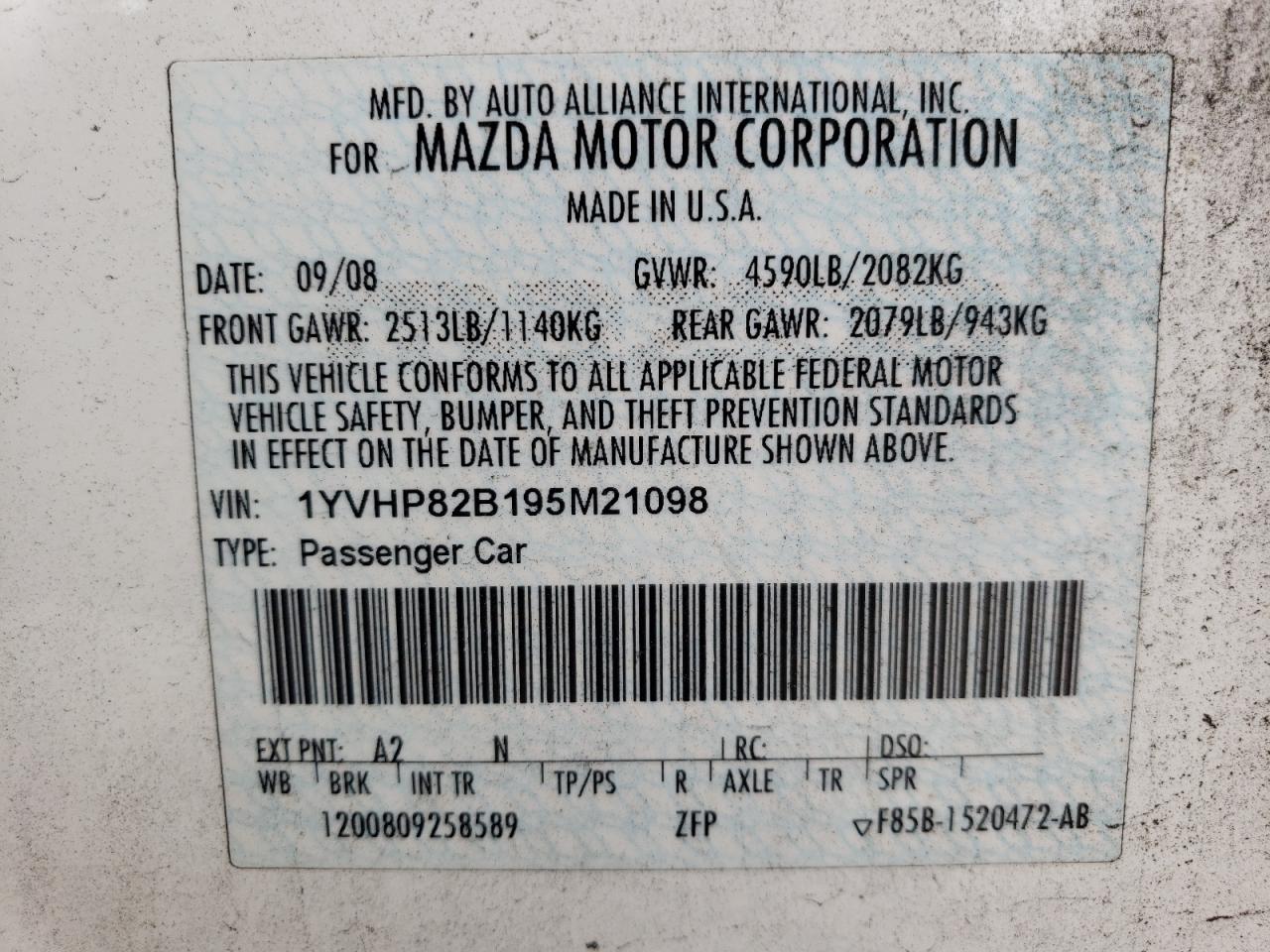 1YVHP82B195M21098 2009 Mazda 6 S