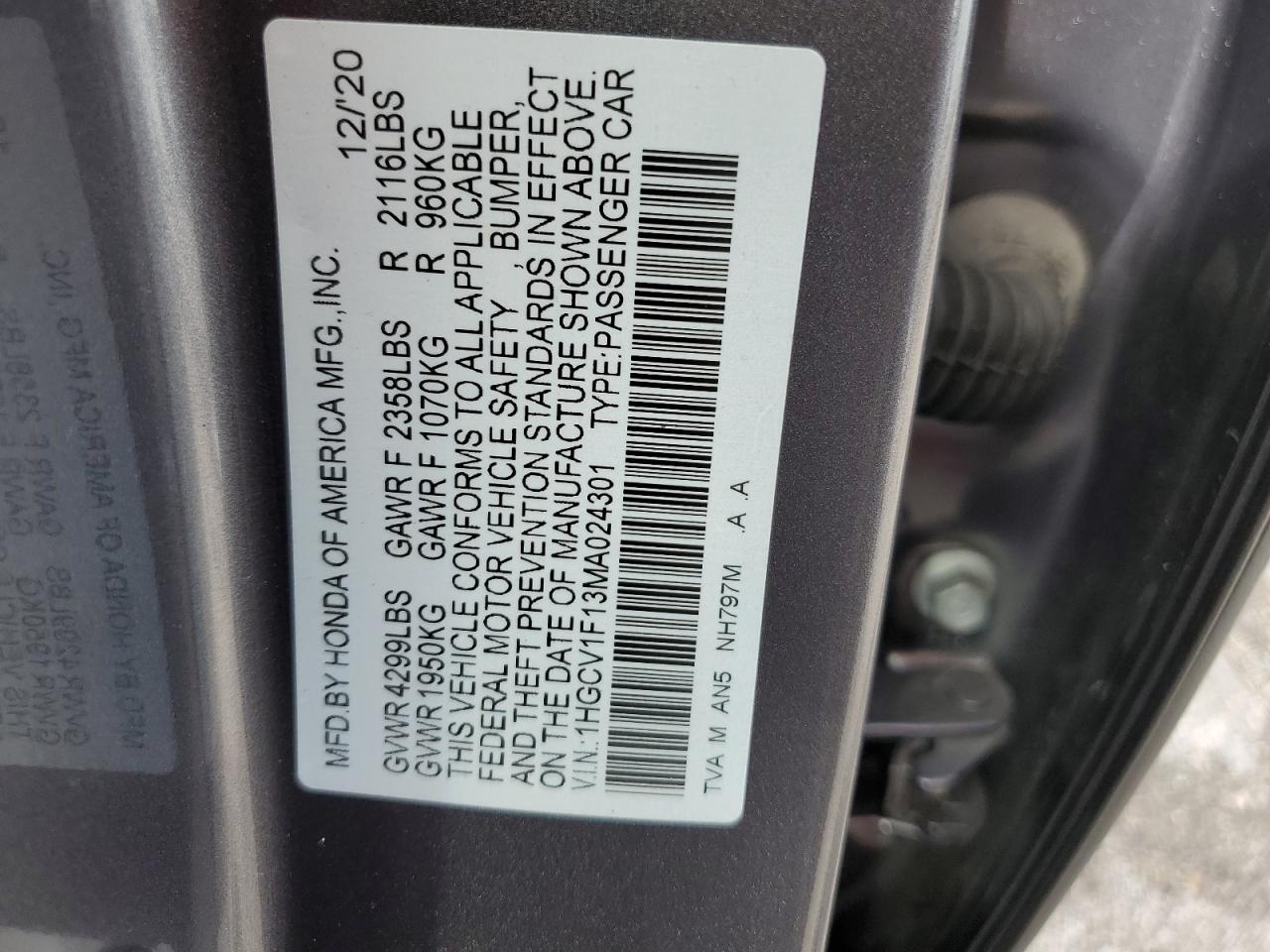 1HGCV1F13MA024301 2021 Honda Accord Lx