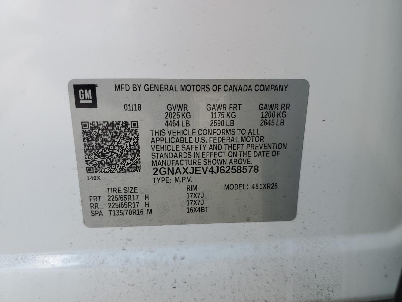 2GNAXJEV4J6258578 2018 Chevrolet Equinox Lt