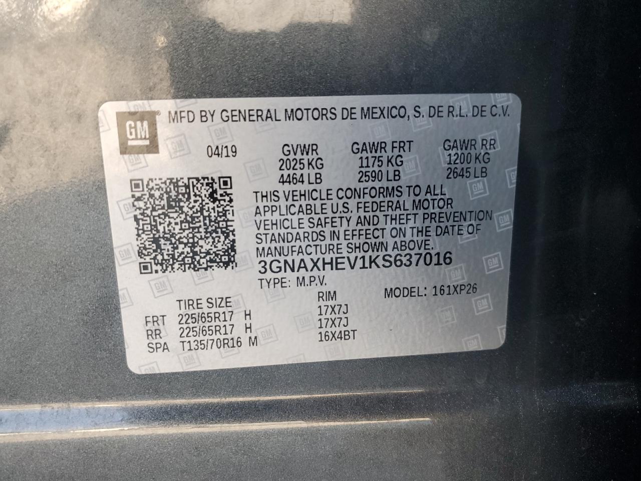 3GNAXHEV1KS637016 2019 Chevrolet Equinox Ls