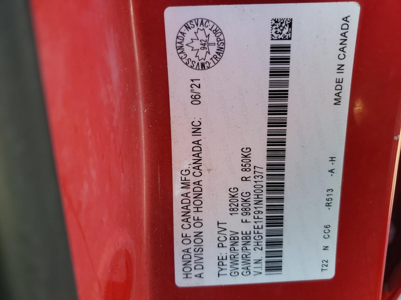 2HGFE1F91NH001377 2022 Honda Civic Touring