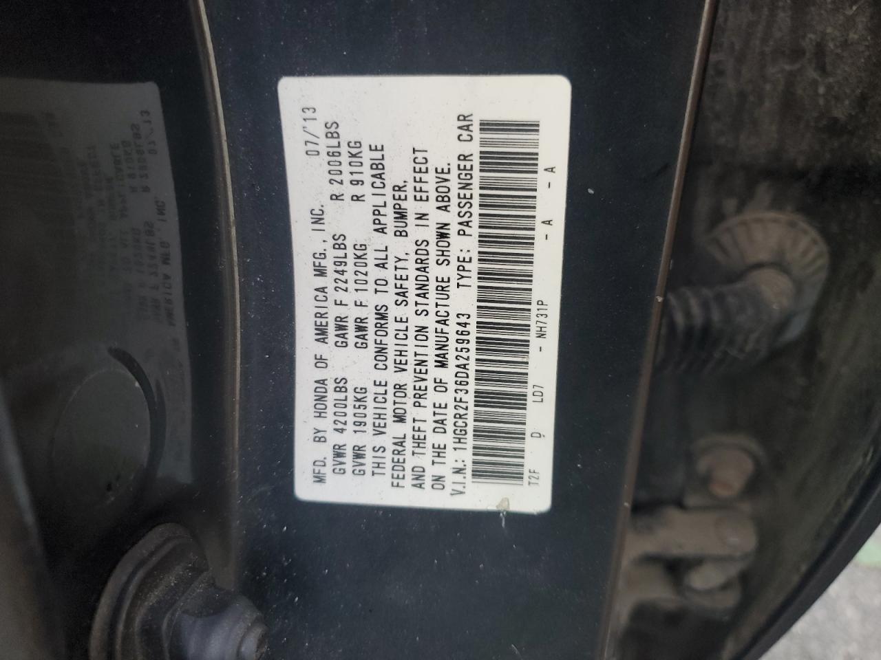 1HGCR2F36DA259643 2013 Honda Accord Lx