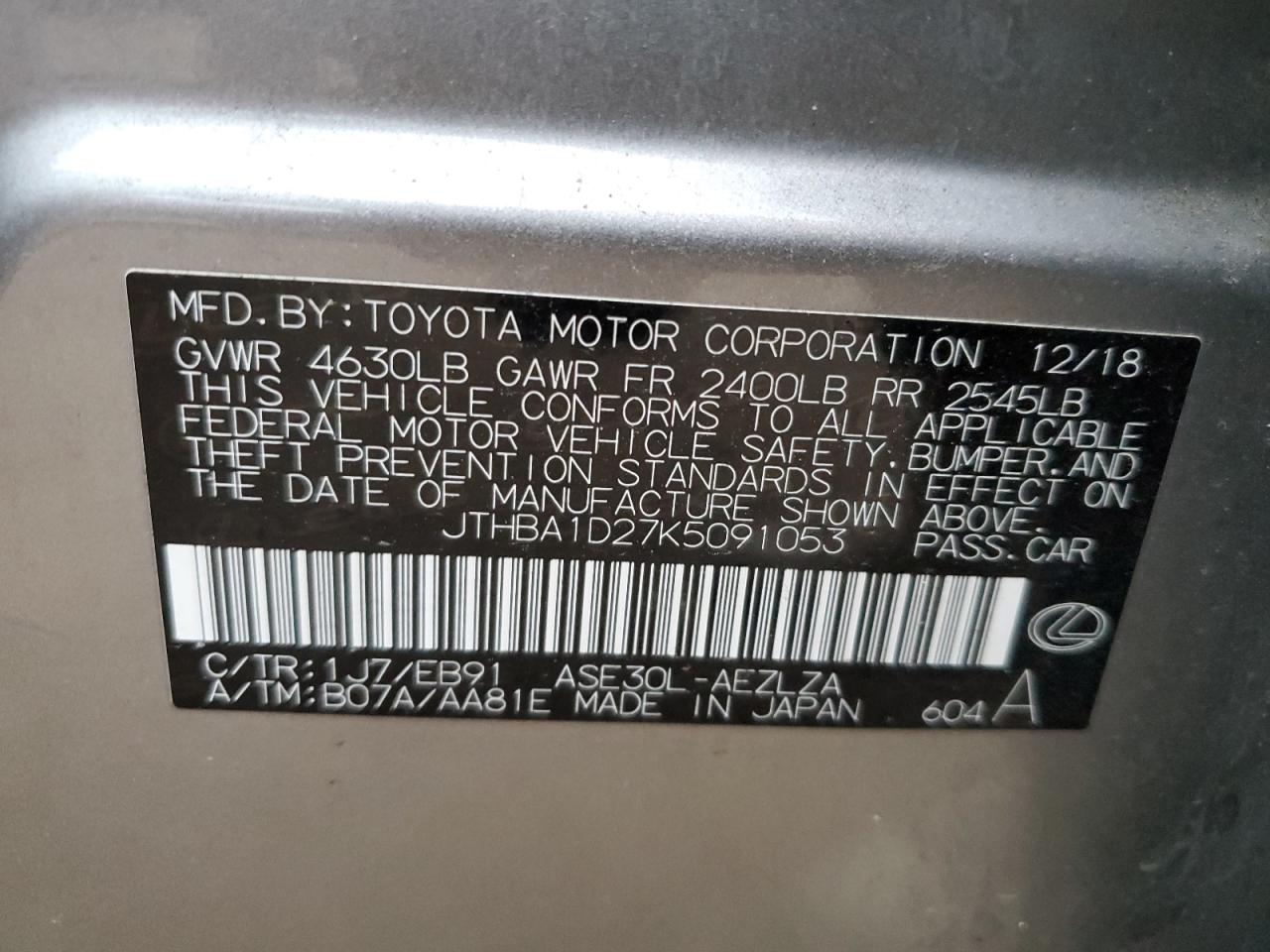 JTHBA1D27K5091053 2019 Lexus Is 300