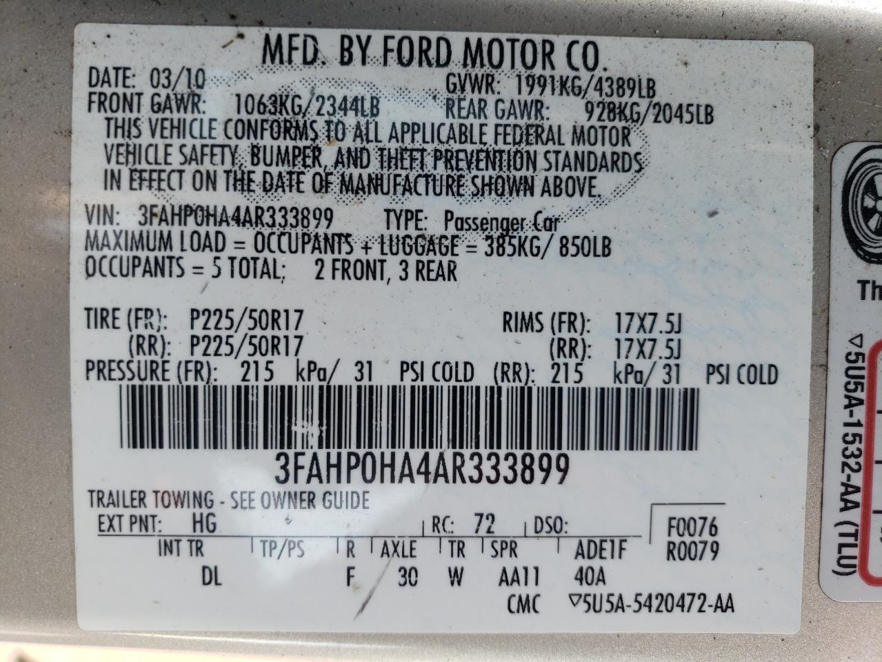 2010 Ford Fusion Se VIN: 3FAHP0HA4AR333899 Lot: 70081004