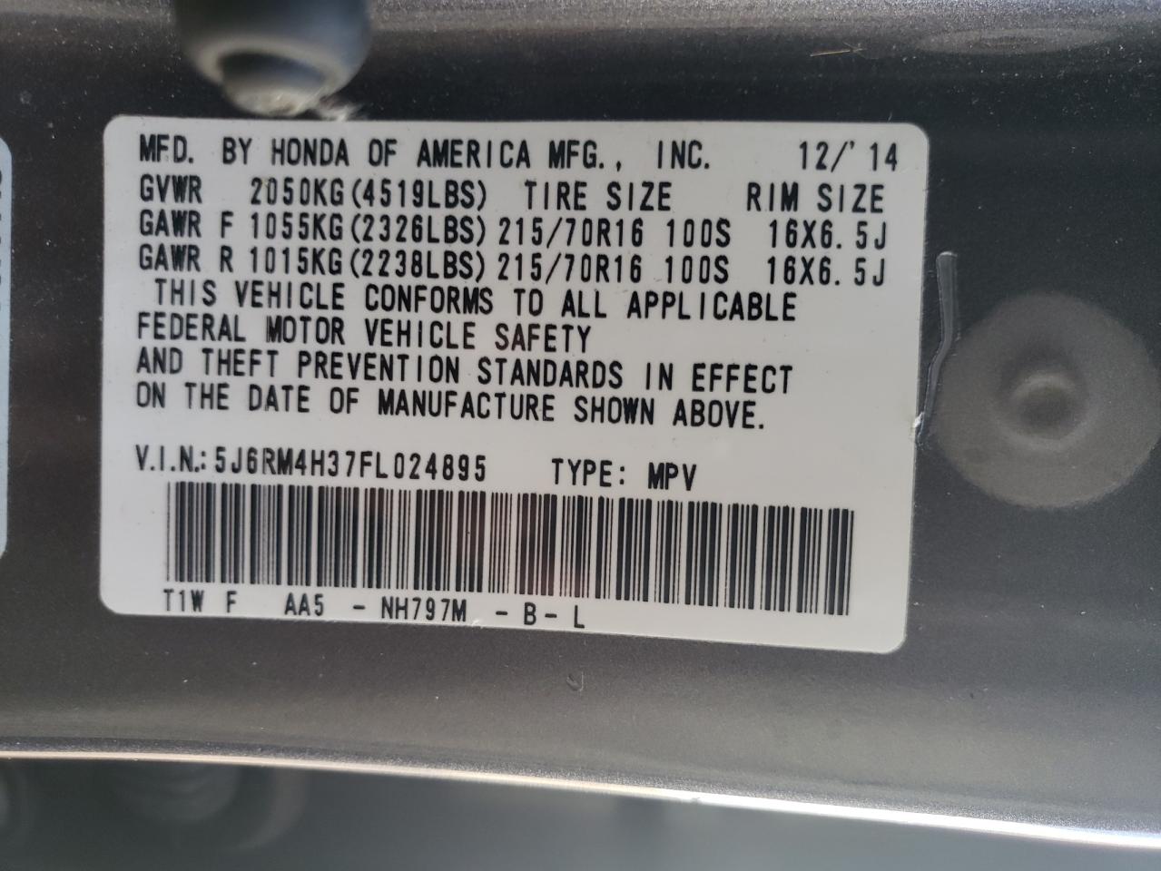 2015 Honda Cr-V Lx VIN: 5J6RM4H37FL024895 Lot: 69465084