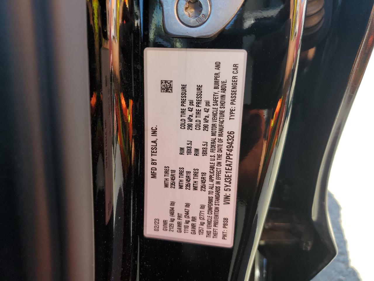 5YJ3E1EA7PF494326 2023 Tesla Model 3