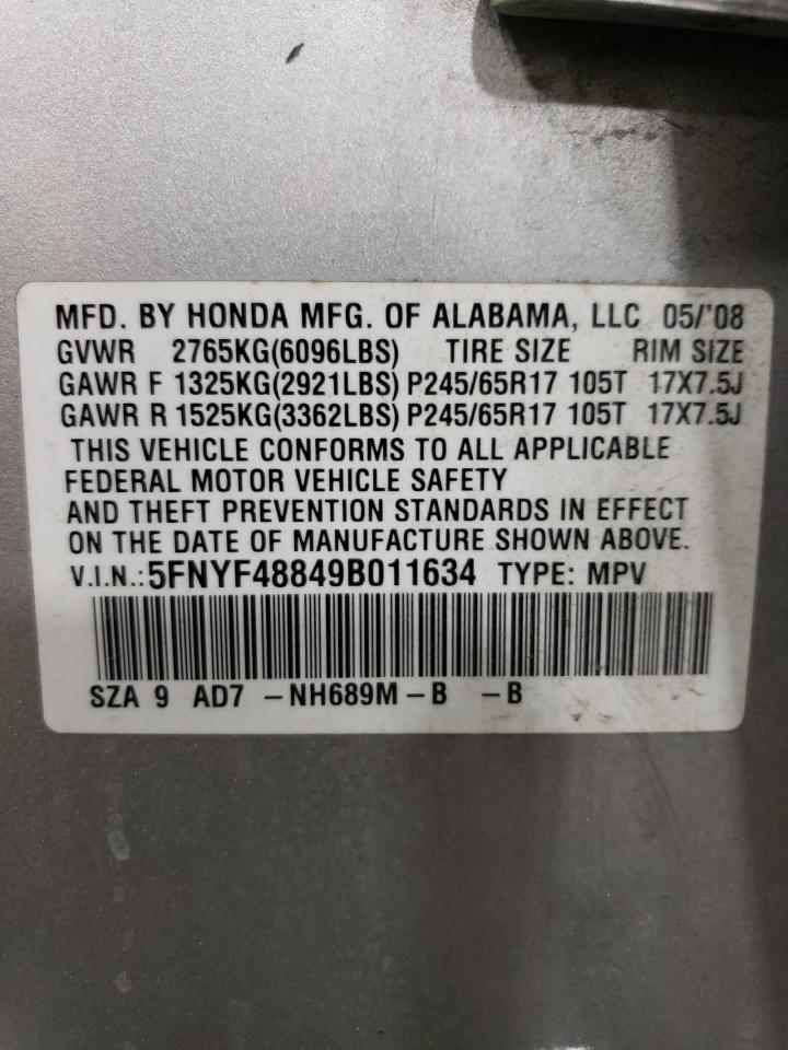 2009 Honda Pilot Touring VIN: 5FNYF48849B011634 Lot: 71562674