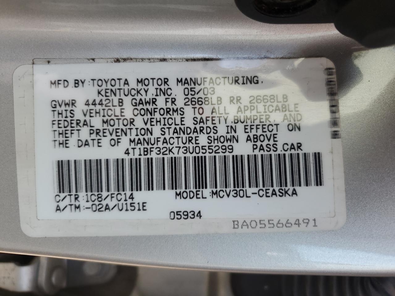 4T1BF32K73U055299 2003 Toyota Camry Le