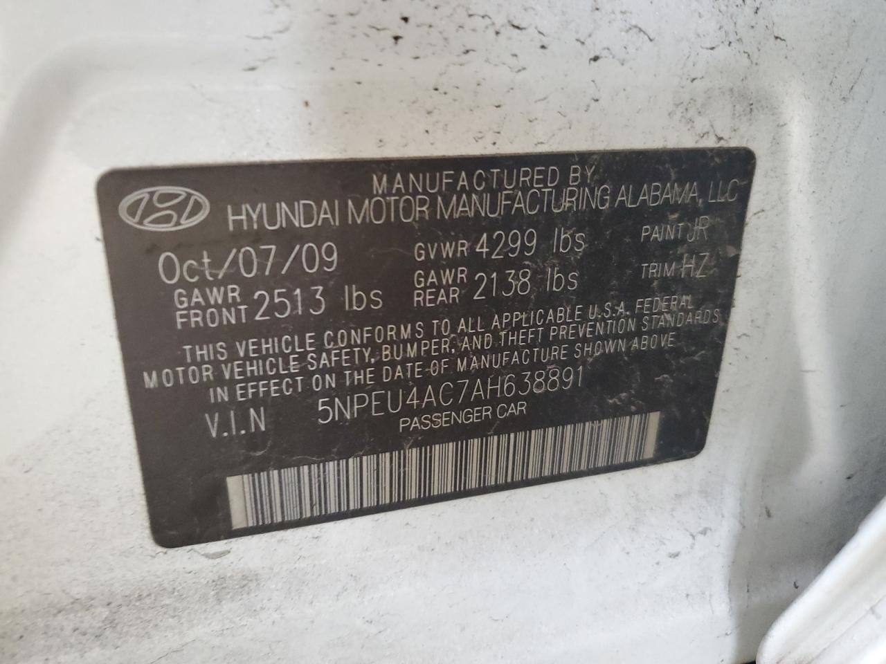 2010 Hyundai Sonata Se VIN: 5NPEU4AC7AH638891 Lot: 72570514