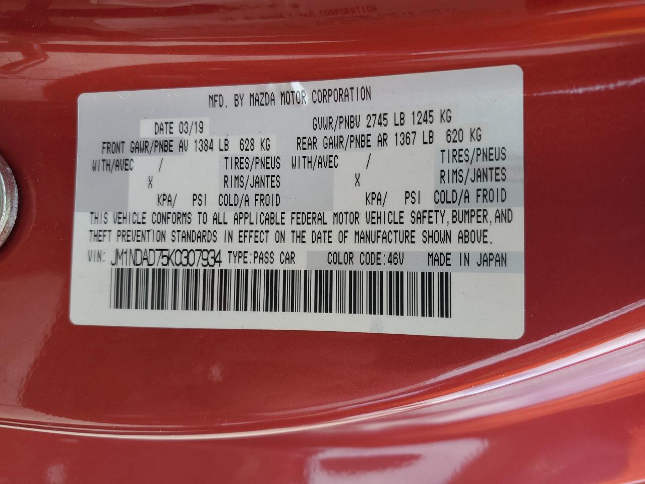 2019 Mazda Mx-5 Miata Grand Touring VIN: JM1NDAD75K0307934 Lot: 73086464