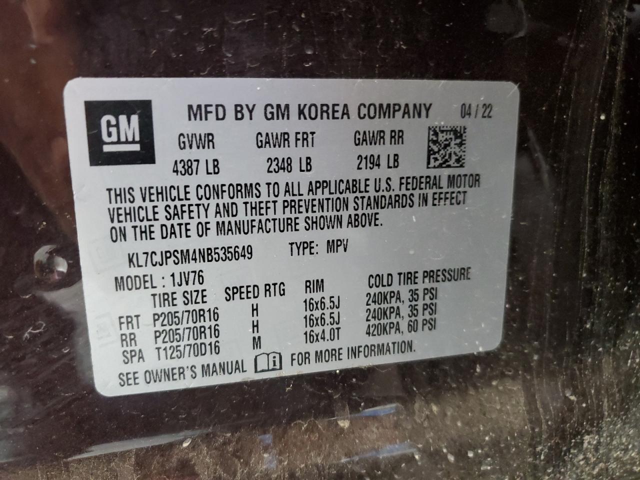 KL7CJPSM4NB535649 CHEVROLET TRAX 2022