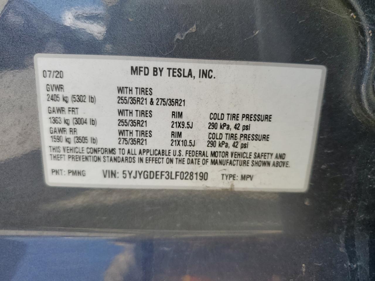 2020 Tesla Model Y VIN: 5YJYGDEF3LF028190 Lot: 66512664