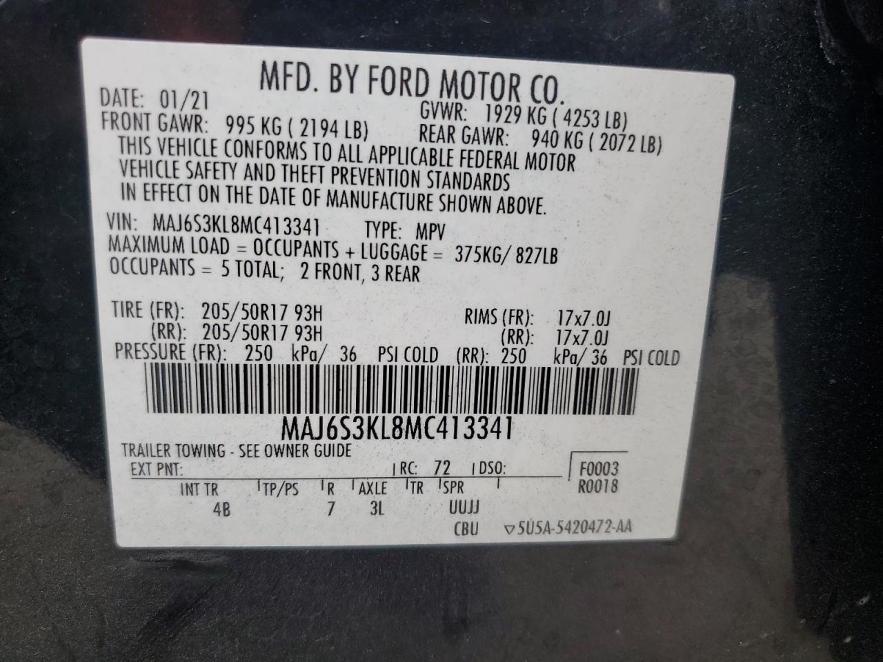 2021 Ford Ecosport Titanium VIN: MAJ6S3KL8MC413341 Lot: 72635134