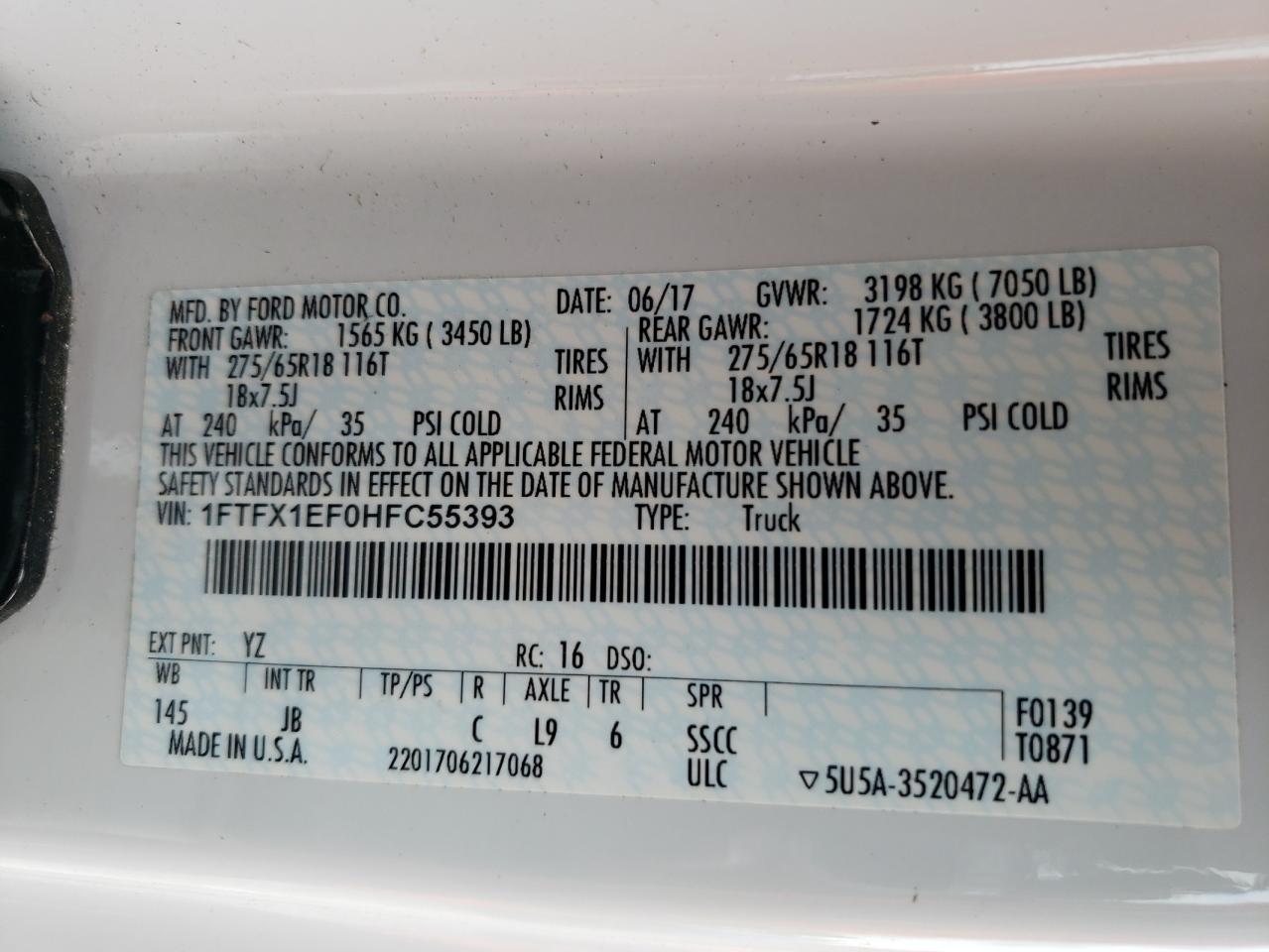 1FTFX1EF0HFC55393 FORD F-150 2017