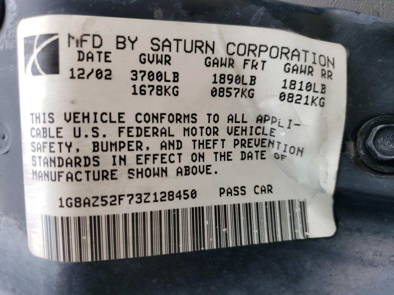 2003 Saturn Ion Level 2 VIN: 1G8AZ52F73Z128450 Lot: 72569894