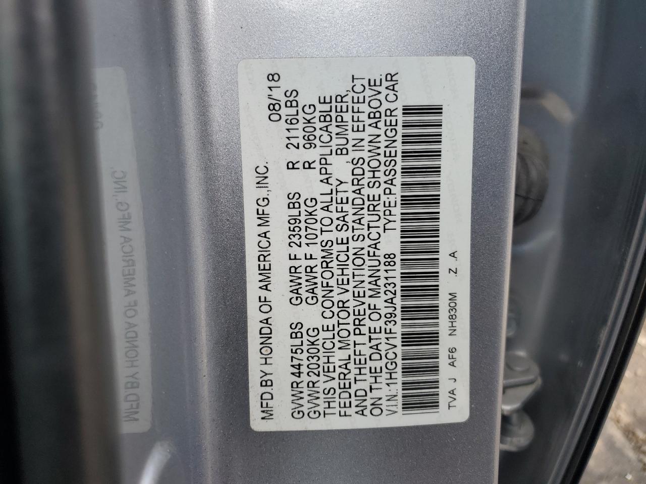 1HGCV1F39JA231188 2018 Honda Accord Sport