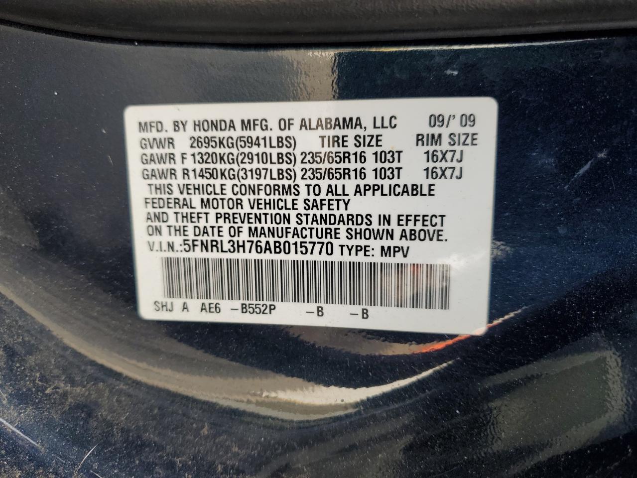 5FNRL3H76AB015770 2010 Honda Odyssey Exl