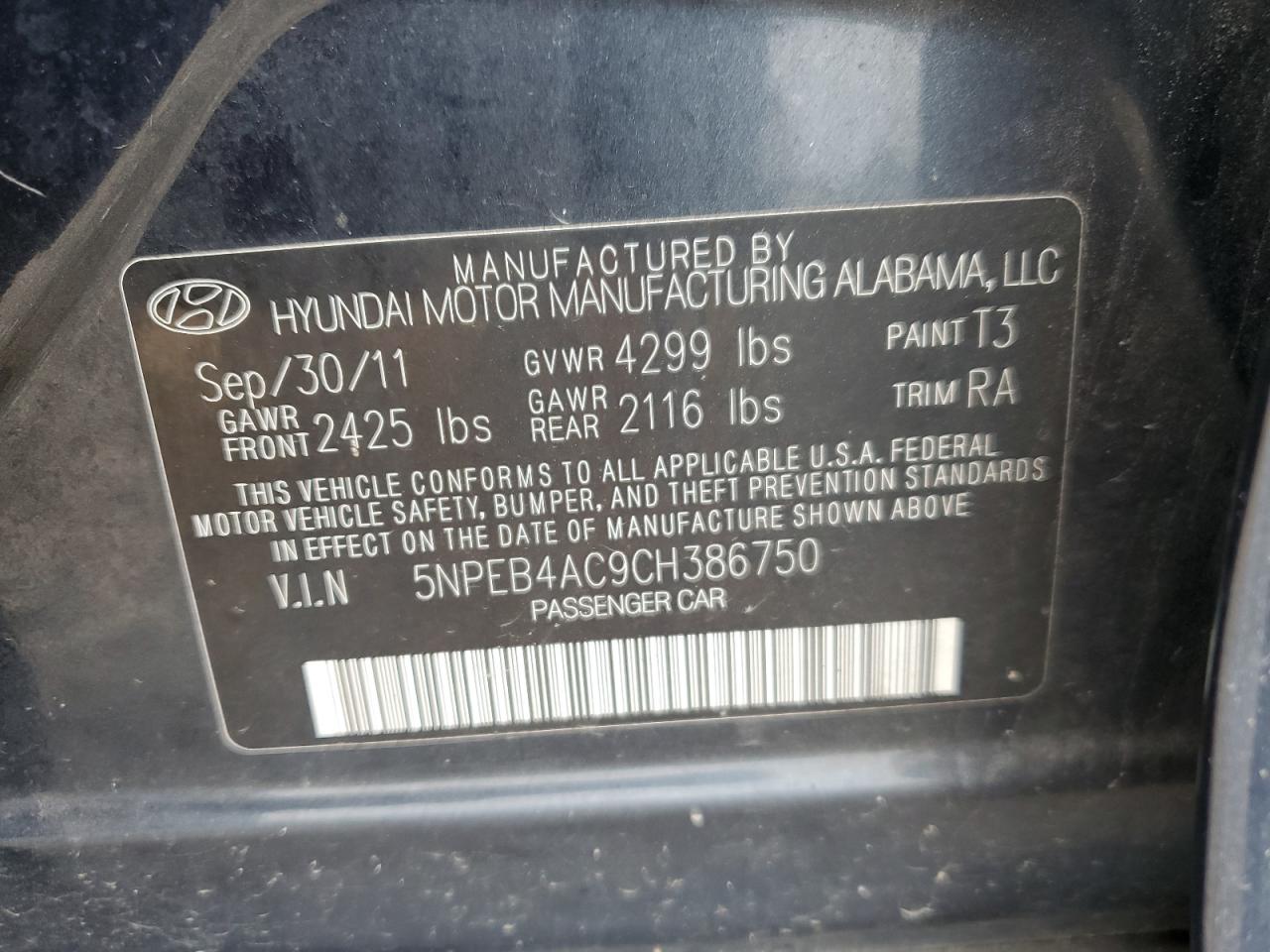 5NPEB4AC9CH386750 2012 Hyundai Sonata Gls