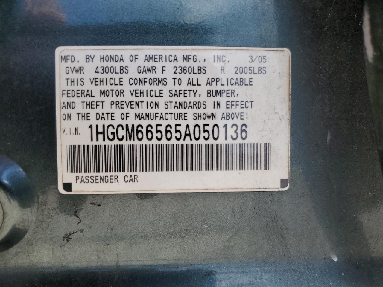 1HGCM66565A050136 2005 Honda Accord Ex