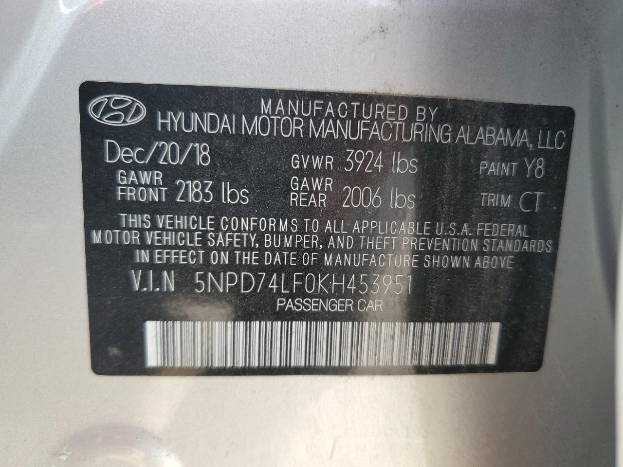 5NPD74LF0KH453951 2019 Hyundai Elantra Se