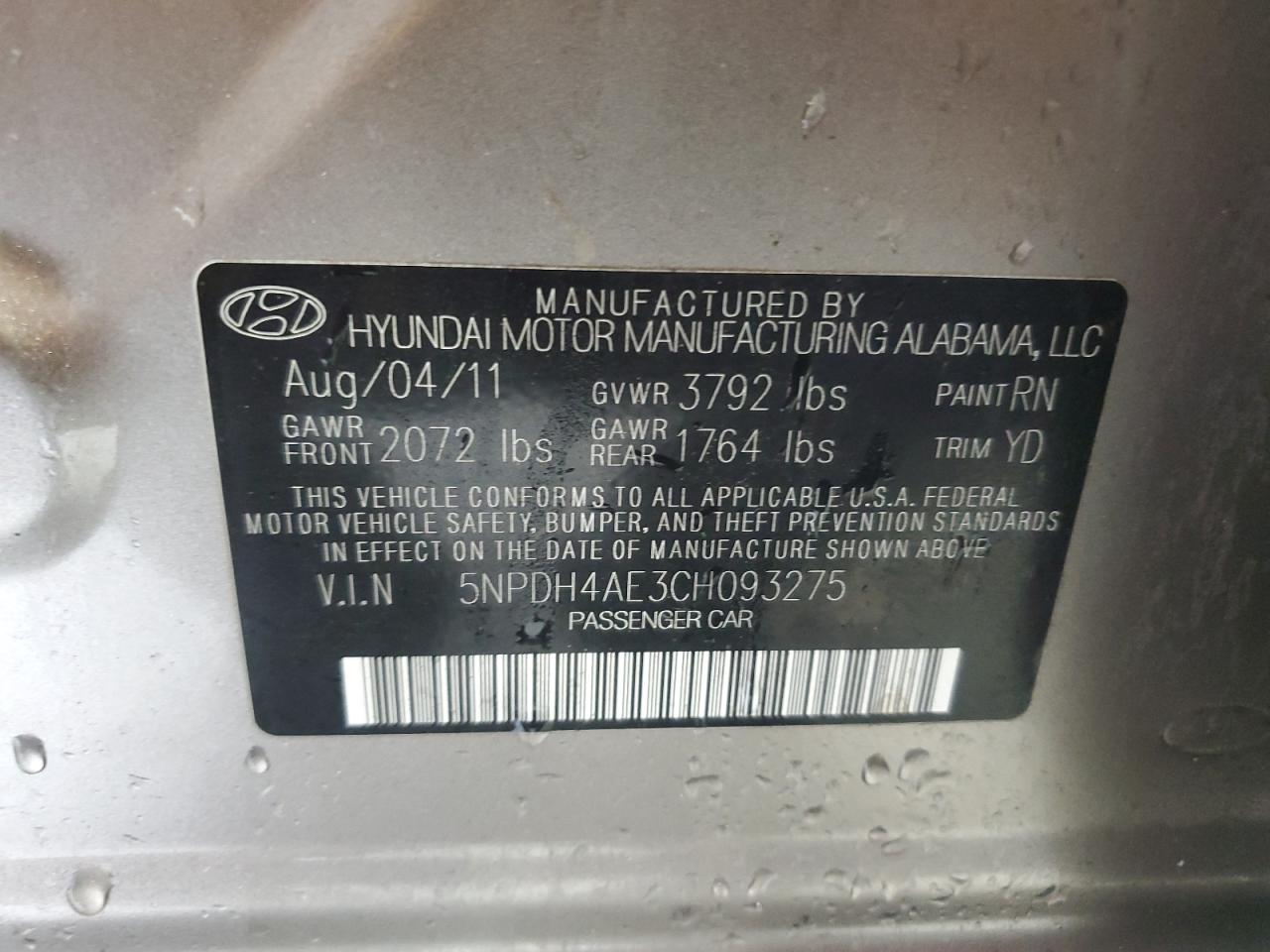 5NPDH4AE3CH093275 2012 Hyundai Elantra Gls