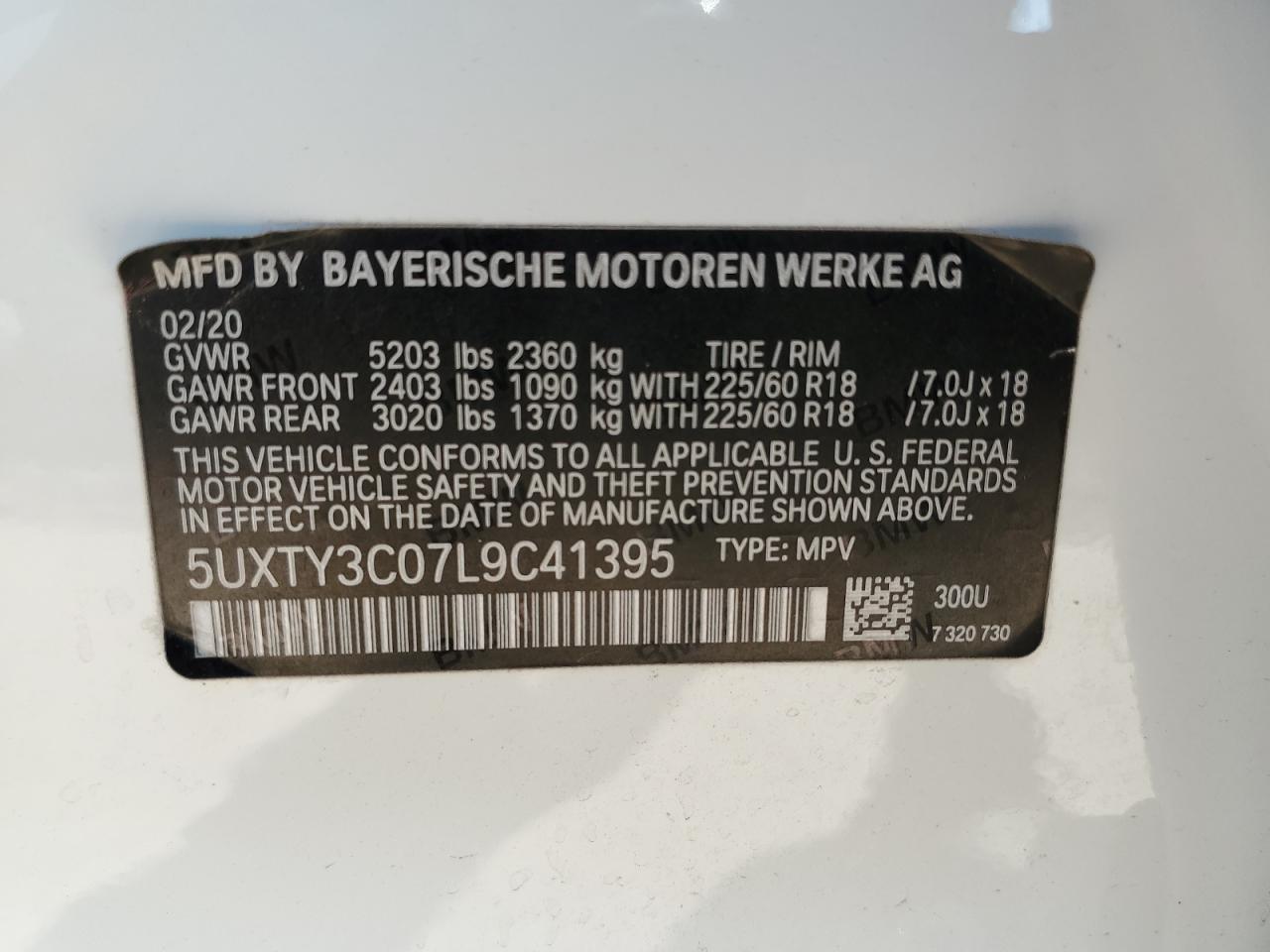 5UXTY3C07L9C41395 2020 BMW X3 Sdrive30I