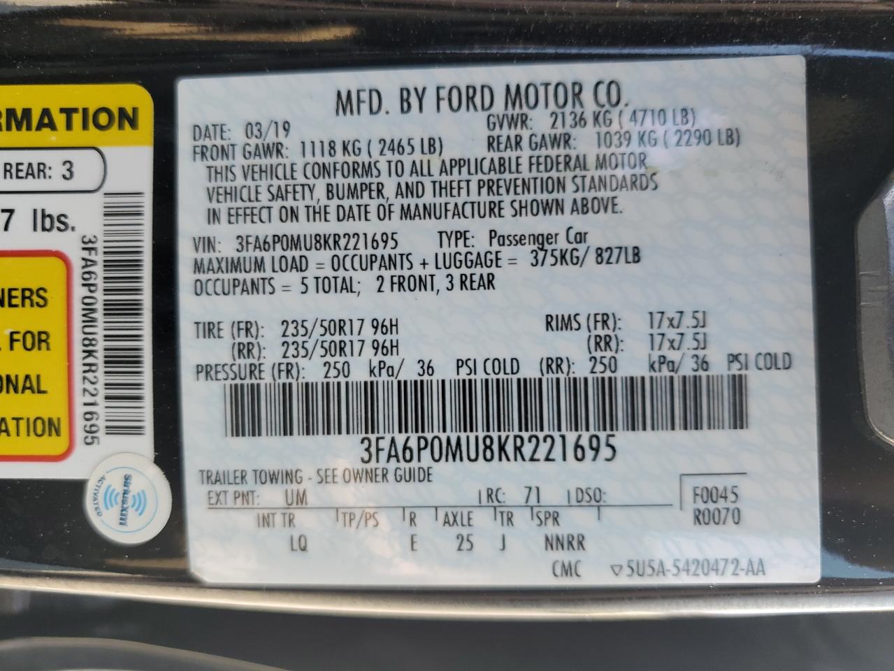 2019 Ford Fusion Sel VIN: 3FA6P0MU8KR221695 Lot: 71380044